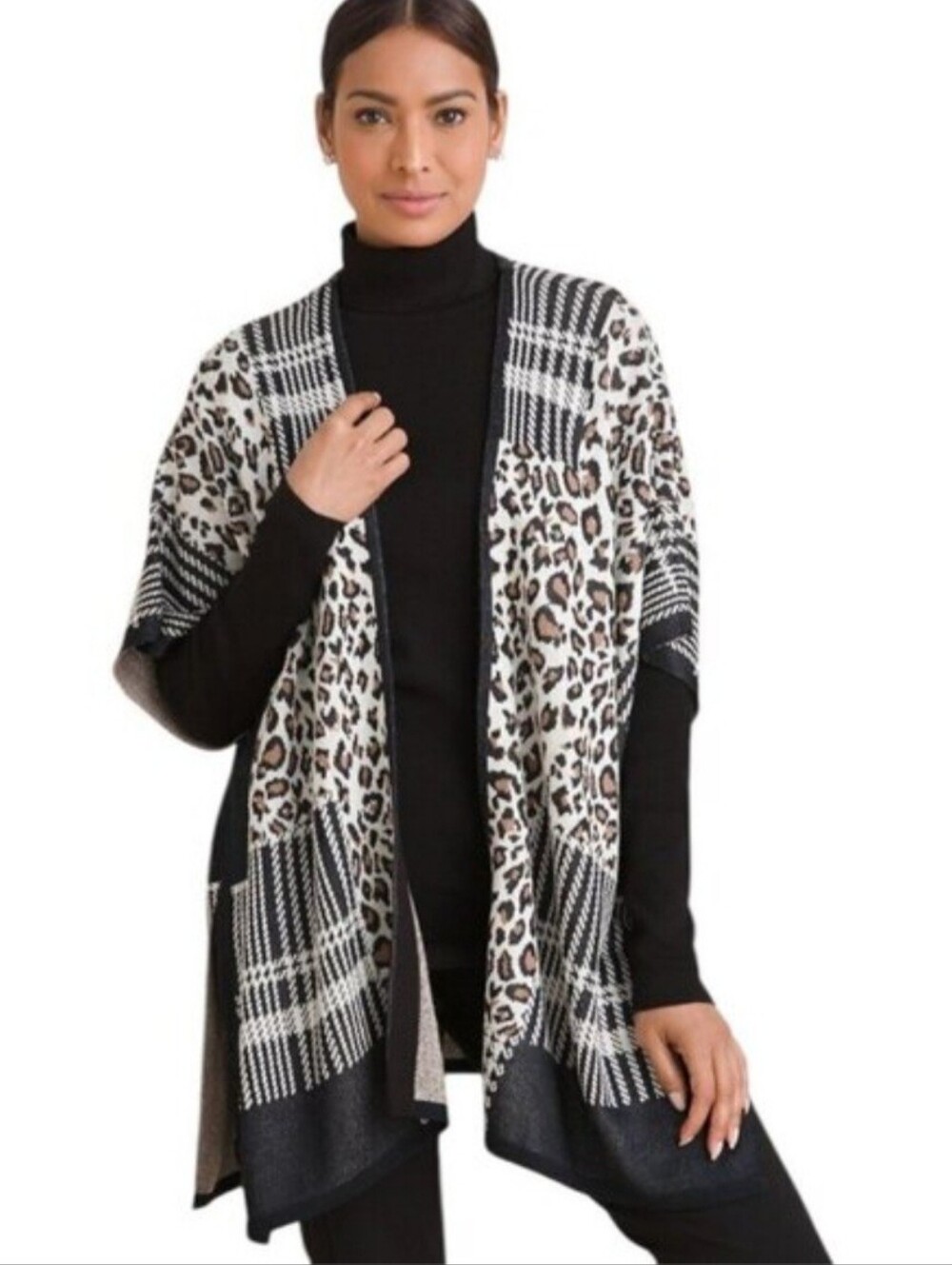 Chico's Mixed Plaid Animal Print Ruana Knit Wrap Size S/M Open Front Longline